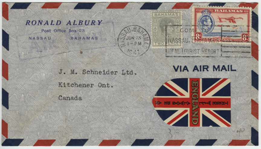 1941 Air Post Letter from Nassau, Bahamas to Kitchener, Canada