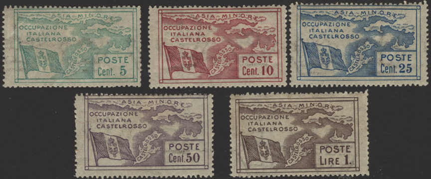 Five stamps depicting a map of Castellorizo and the Italian flag issued in 1923