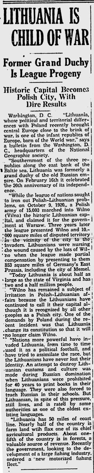 1938 News Article about Lithuania