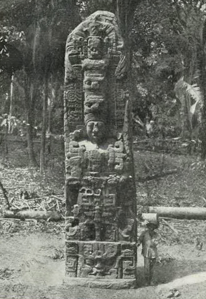Photograph of Mayan Stele at Quirigua circa 1910