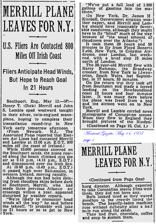Montreal Gazette Article on Merrill's flight of May 13 - May 14, 1937