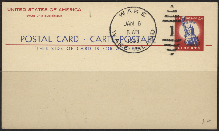 Wake Island Cancellation on Pre-Stamped Statue of Liberty Postcard